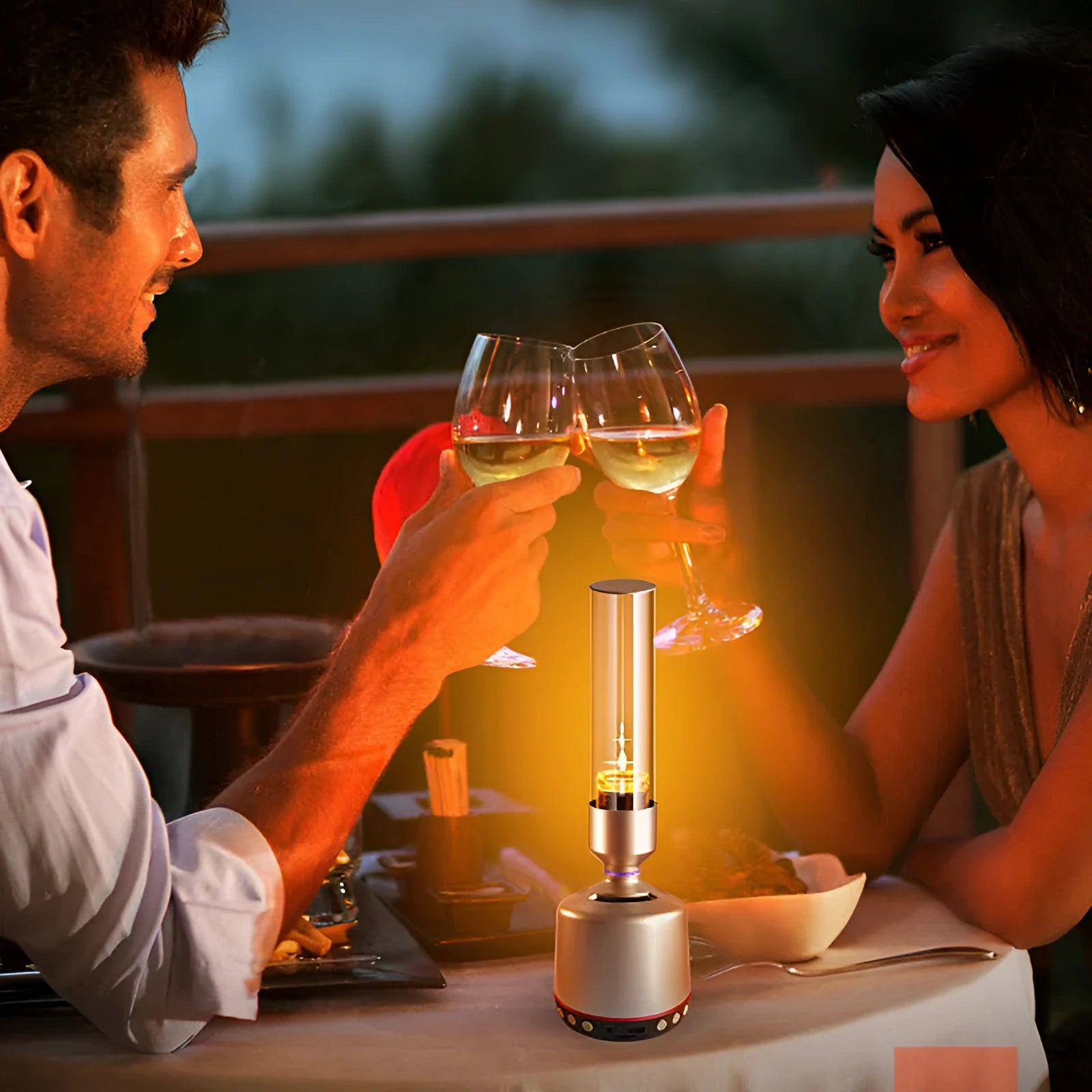 White Silver Candlelight Bluetooth speaker and night light with modern cylindrical design.