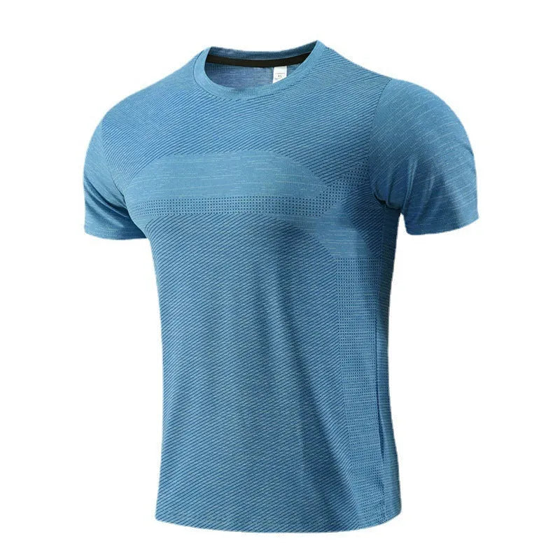 Man's short-sleeved red running T-shirt made from polyester spandex fabric for sports.