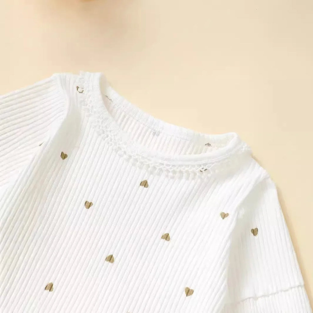 White cotton sunken stripe stitching baby suit set with top, long pants, and hair tie for 0-18 months