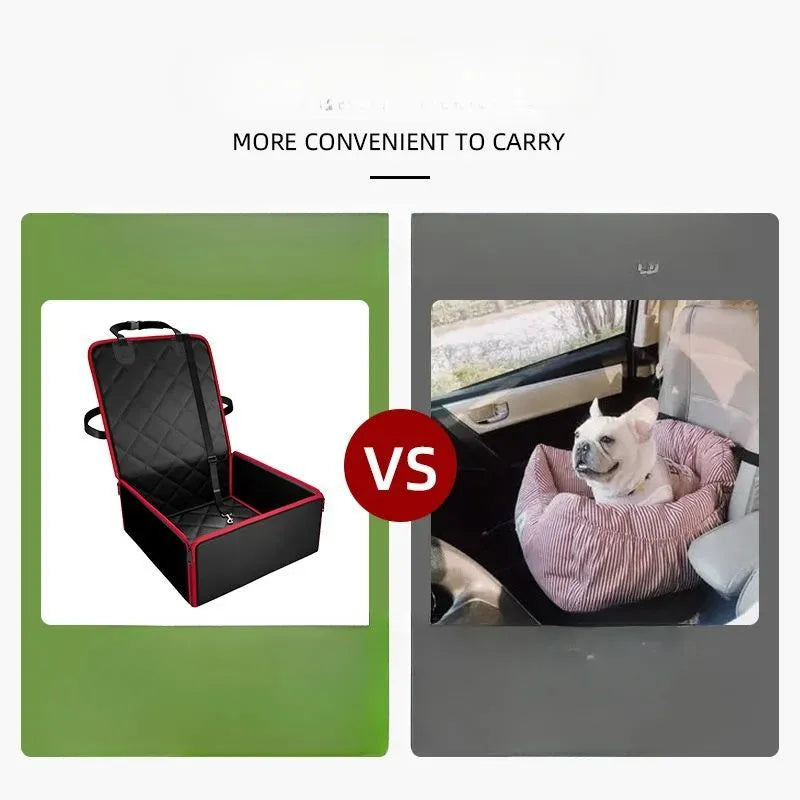 Black car pet pad for dogs on a front seat, showing its non-slip base and 42cm square size.