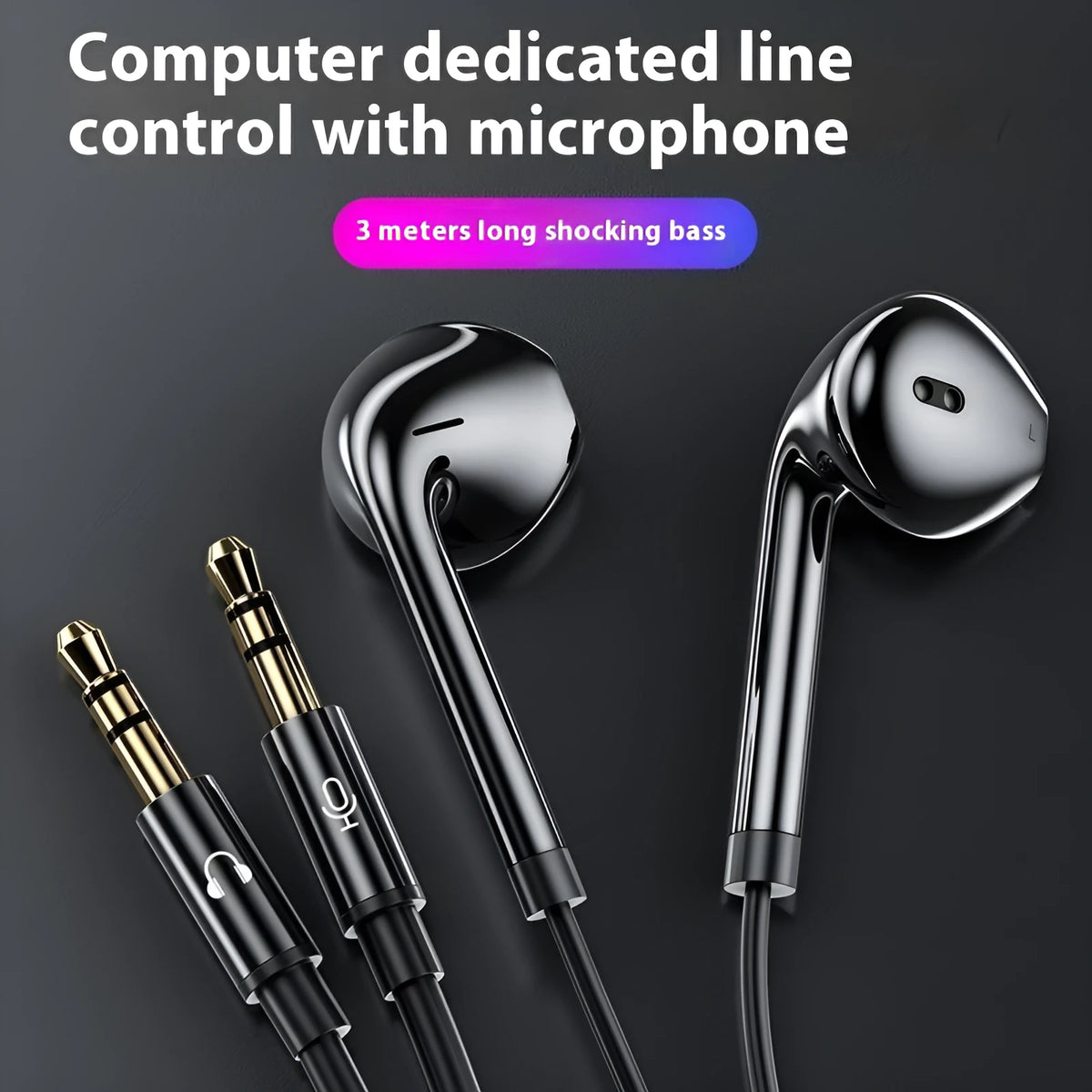 Black wired over-ear headphones with 3m cable, 3.5mm plug and built-in microphone, PC earmuffs