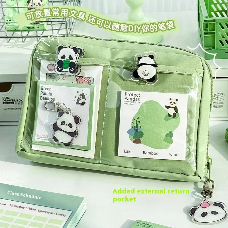 Green canvas 12 layer panda pencil case with Korean style design, open to show multiple compartments.