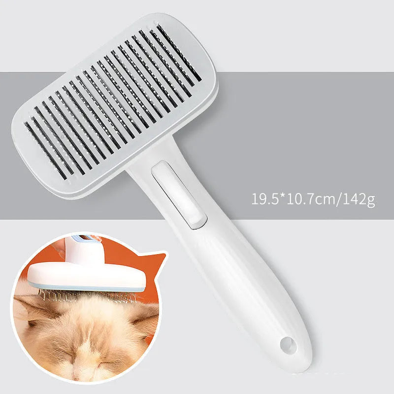 Blue automatic pet hair removal comb for dogs and cats on a white background.