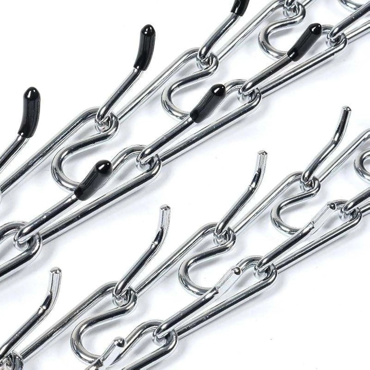 Stainless steel dog prong collar with adjustable chain links and black rubber comfort tips, laid flat to show sizing.