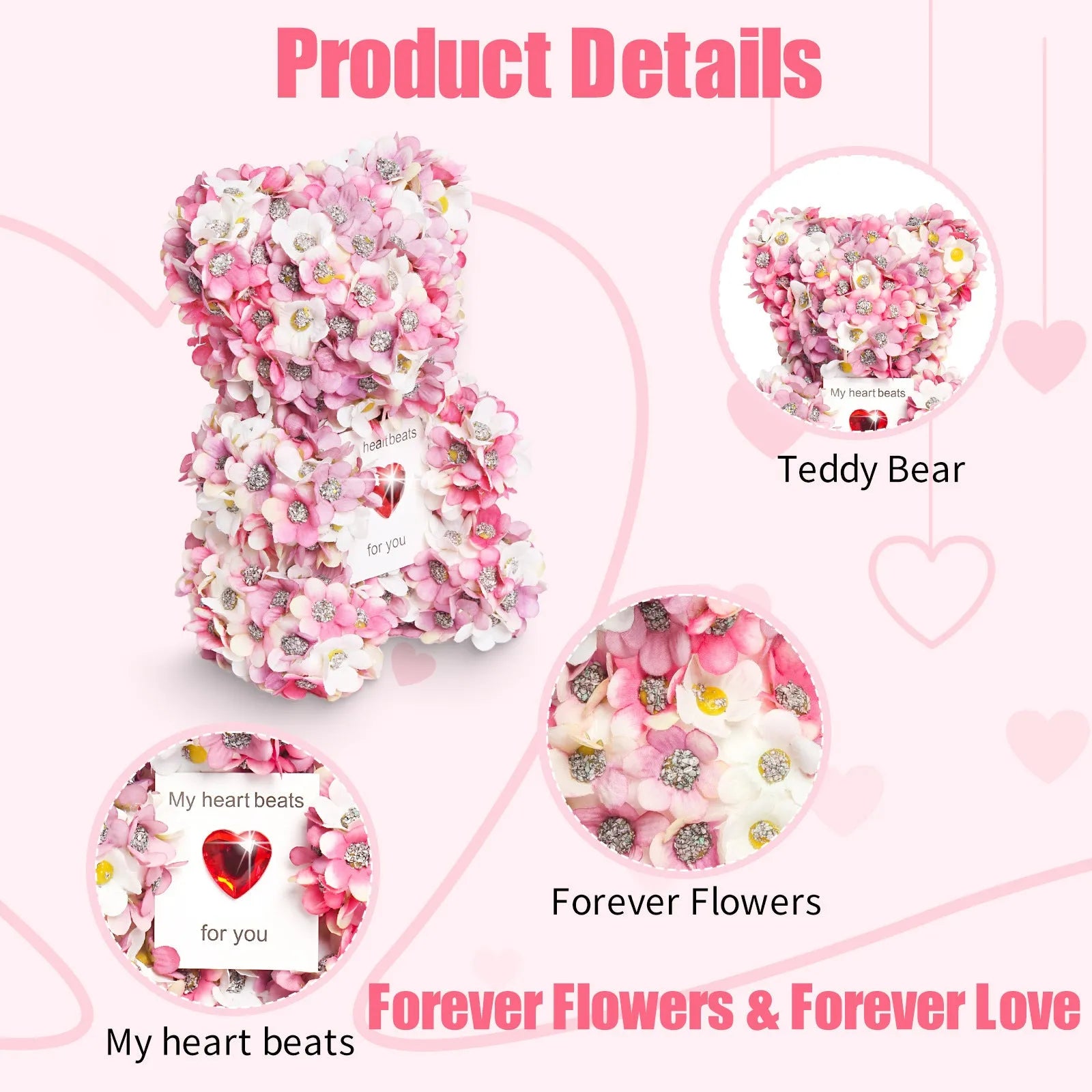 Pink handmade artificial rose bear ornament 17cm polyester foam