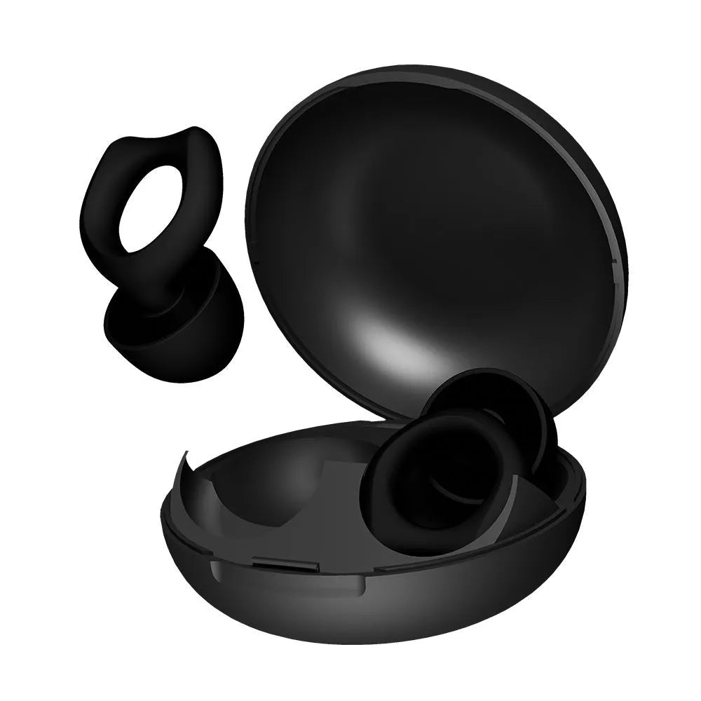A pair of black silicone soundproof earplugs for noise reduction, presented on a white background.