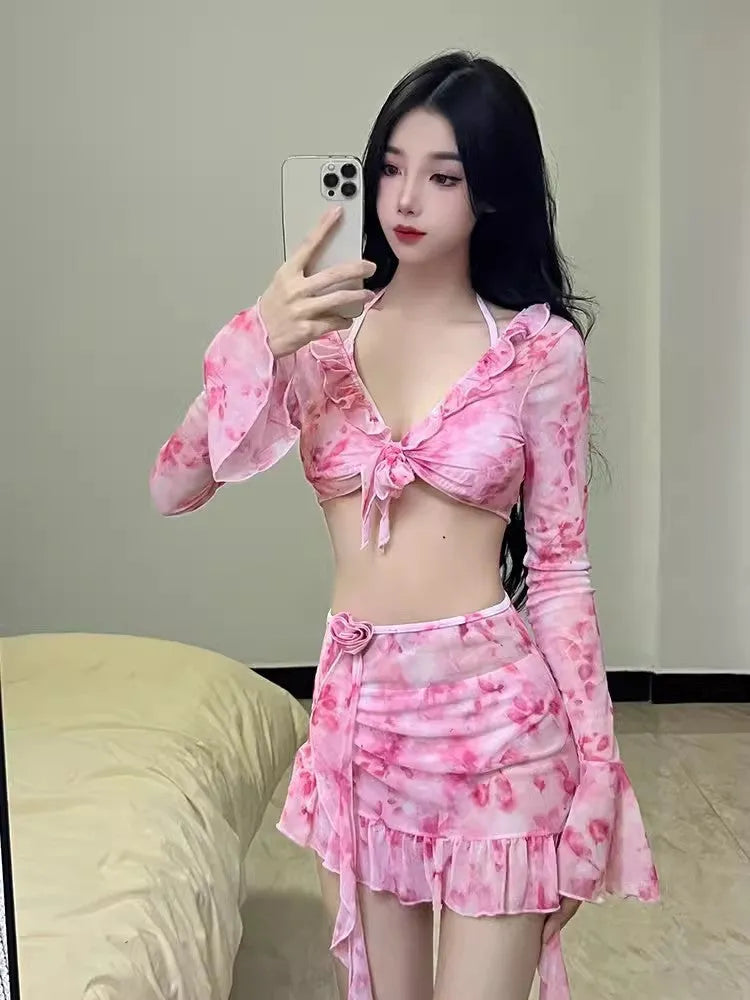 Women's floral pattern bikini swimsuit set in cherry blossom powder colour