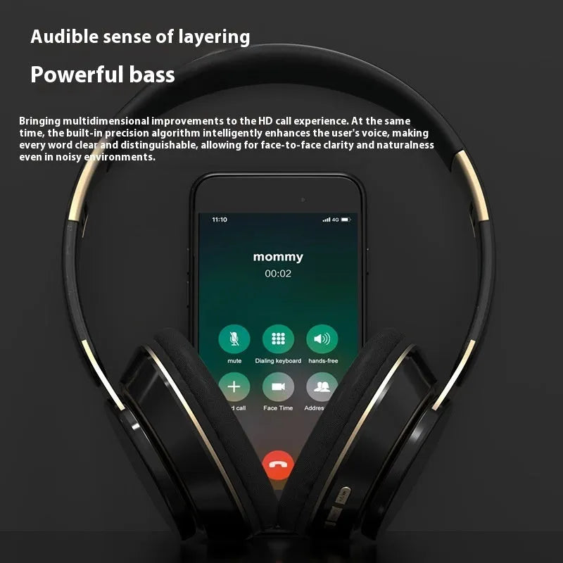 Wireless Bluetooth headset heavy bass retractable folding sports headphones in black