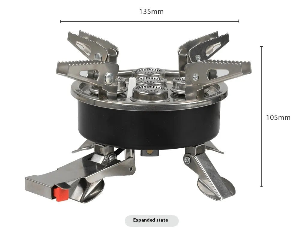 Silver portable split camping stove with stainless steel body and a long black flexible hose.