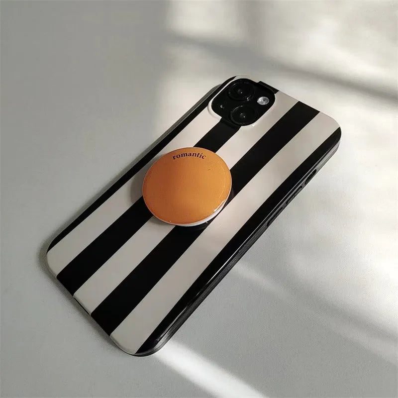 Beige and black striped phone case with T letter and orange bracket for Apple iPhone 12 to 16 Pro Max