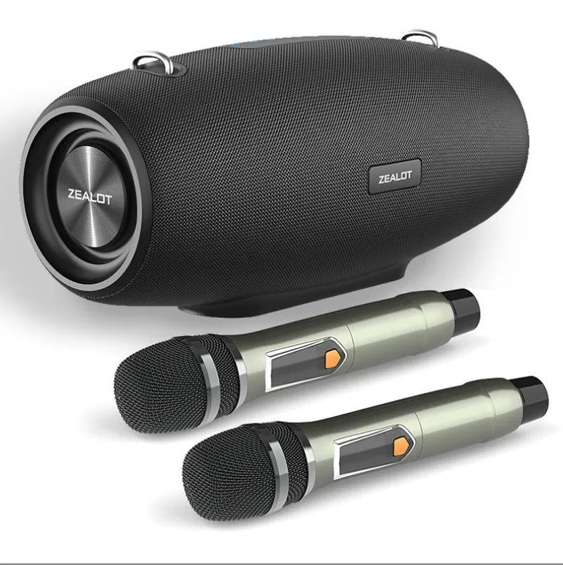 Black 60W Bluetooth karaoke speaker with strap, audio cable, and charging cable for square dance and family singing