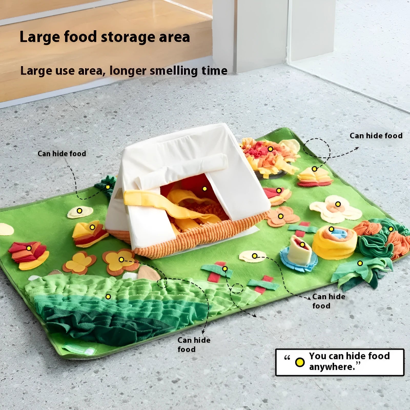 Fabric dog sniffing mat with garden camping theme pattern for pet enrichment and scent games