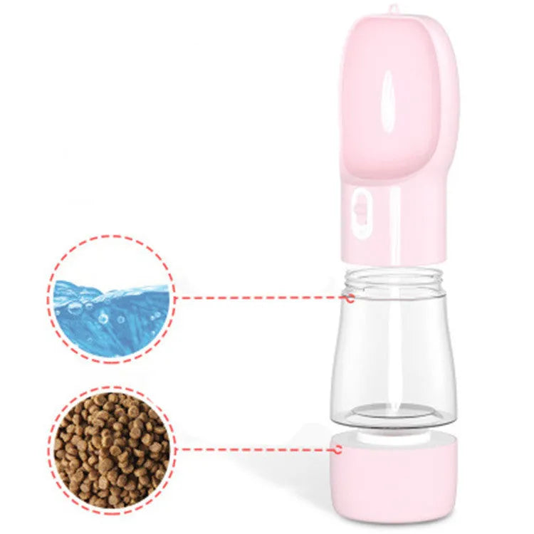 Portable dog travel cup with 258ML water and 200ML food sections, 255MM long, 70MM base, PC and ABS, printed style