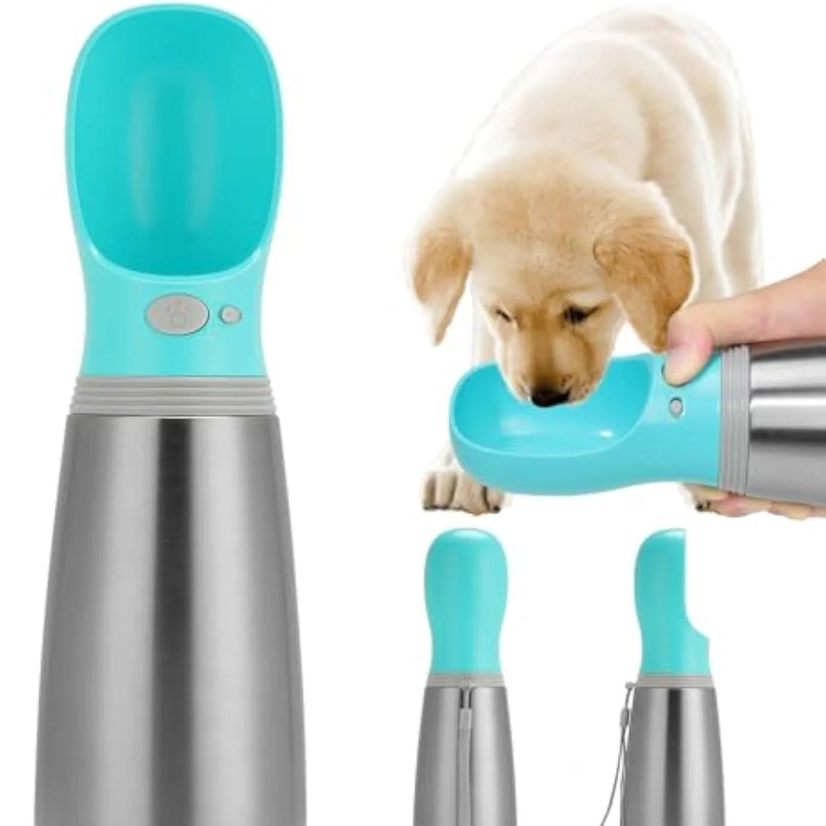 Blue 700ml stainless steel portable dog water bottle with built-in bowl and silicone drinking cup