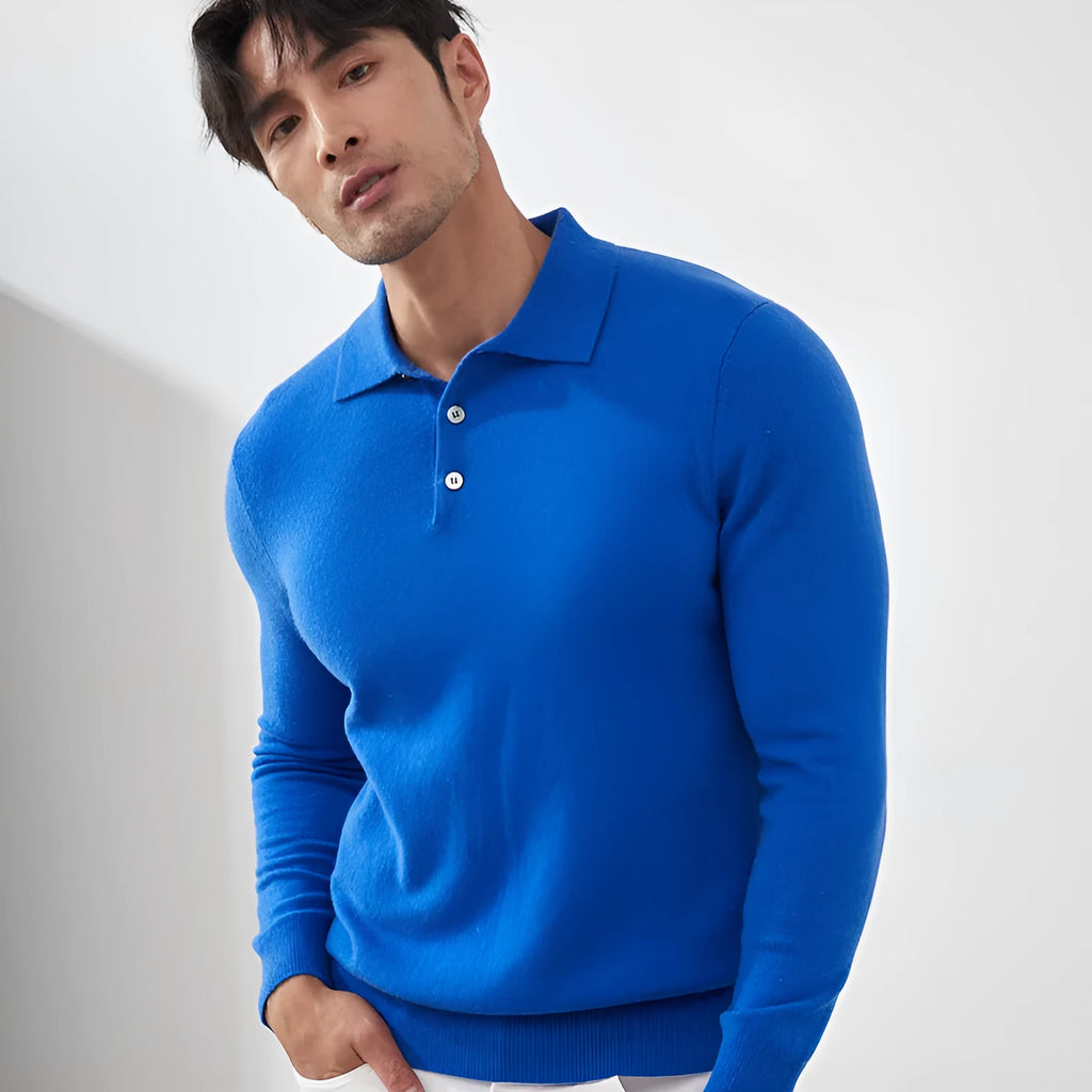 Men's cashmere polo collar pullover sweater in sapphire blue colour showing loose fit design