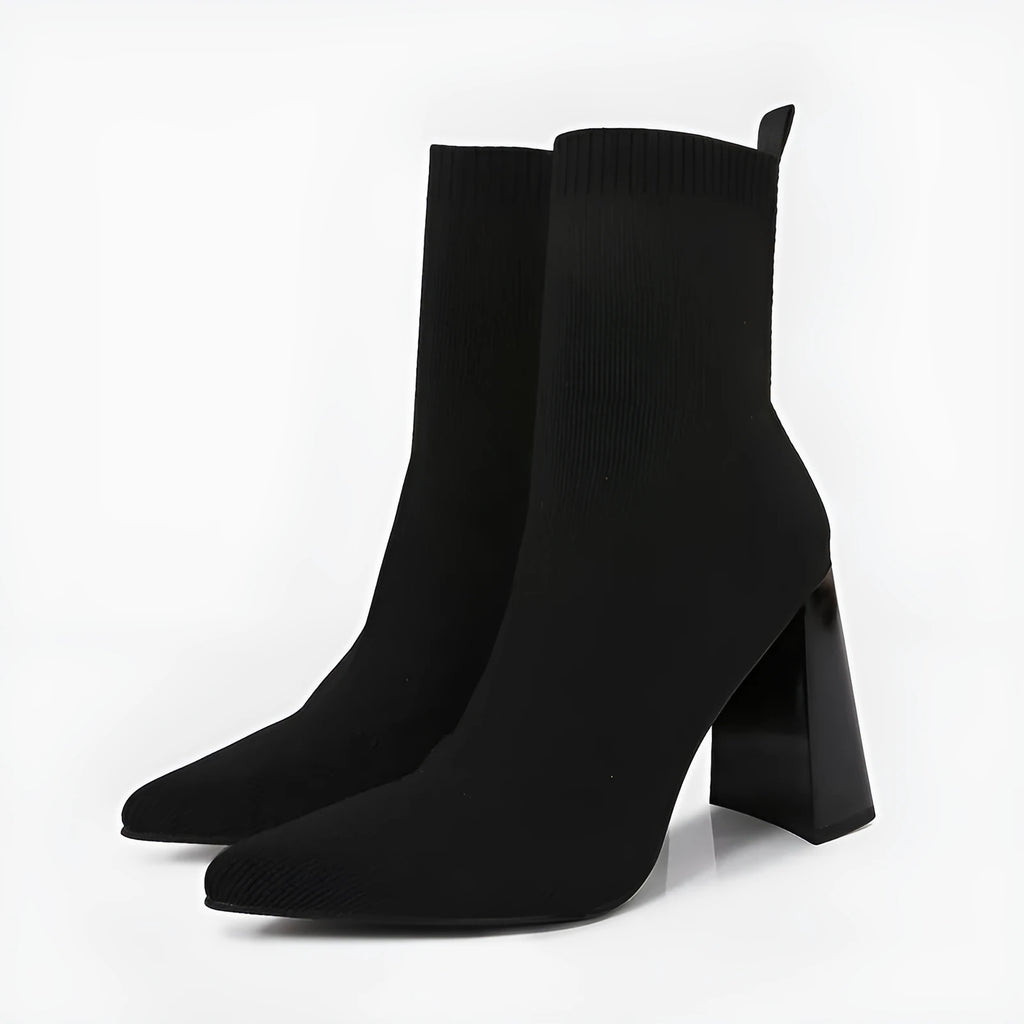 Women's retro chunky heel ankle boots in black with elastic fabric upper and pointed toe