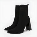 Women's retro chunky heel ankle boots in black with elastic fabric upper and pointed toe