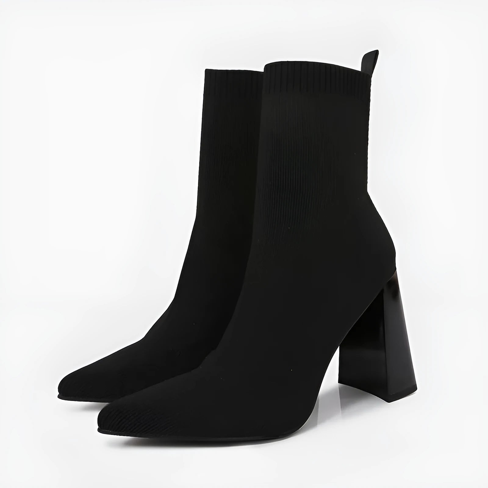 Women's retro chunky heel ankle boots in black with elastic fabric upper and pointed toe