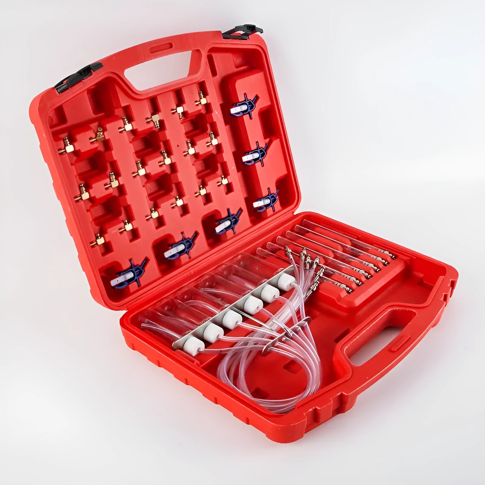 Fuel injection flow meter diagnostic tool with brass components and plastic housing for oil return measurement