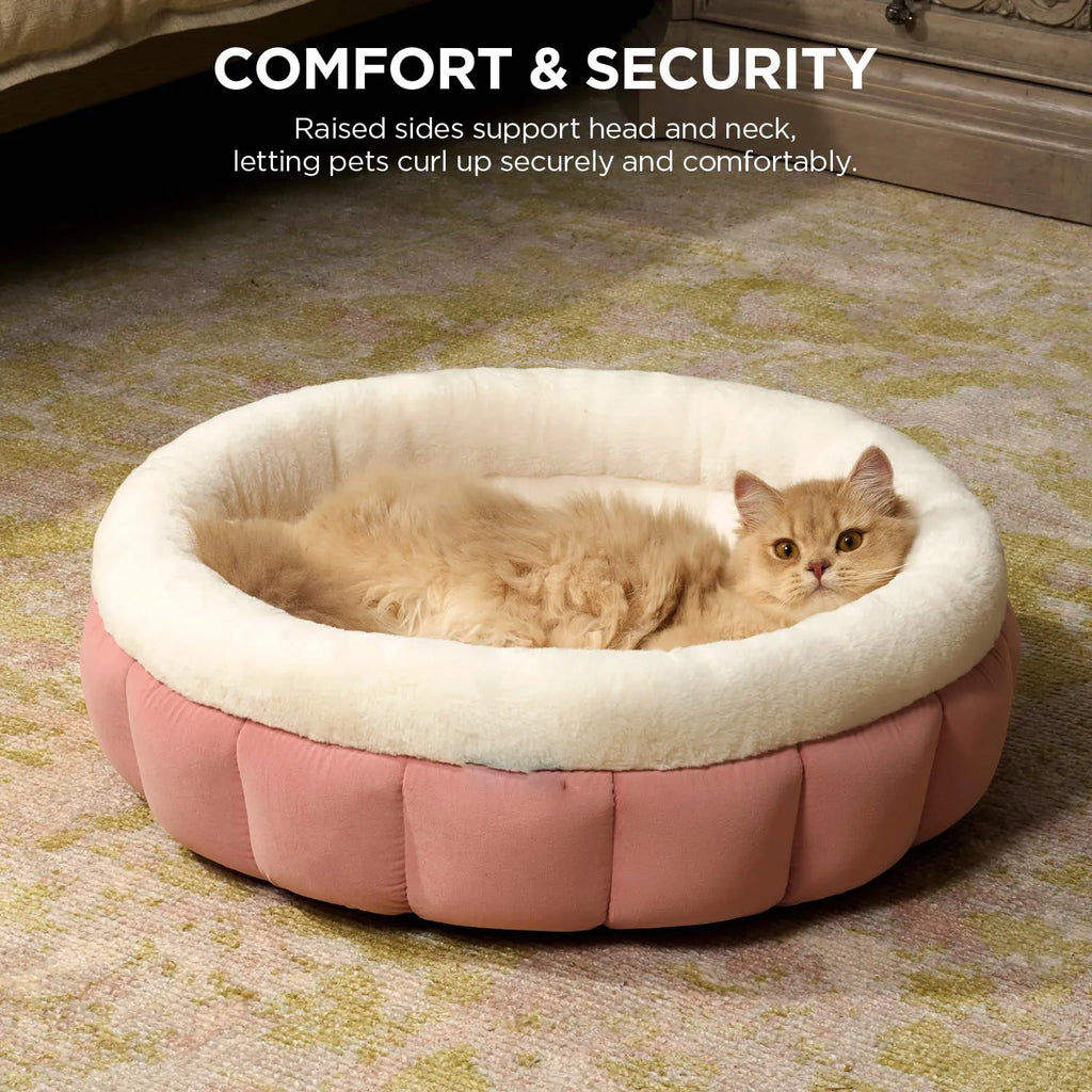 Round donut dog bed in faux rabbit fur with raised sides and anti-slip bottom, sizes XS to XL, colours blue brown green pink