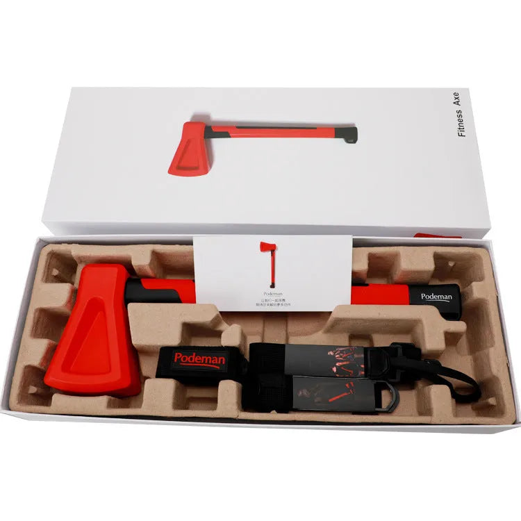 Red plastic home fitness axe muscle trainer on a plain background.