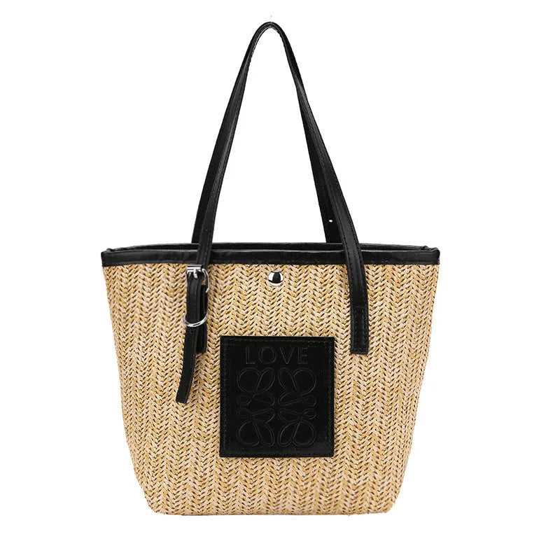 Straw woven women's shoulder bag with horizontal square shape and three-dimensional pocket