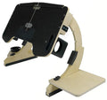 White maple wooden folding computer table set up on a bed at an adjustable angle.