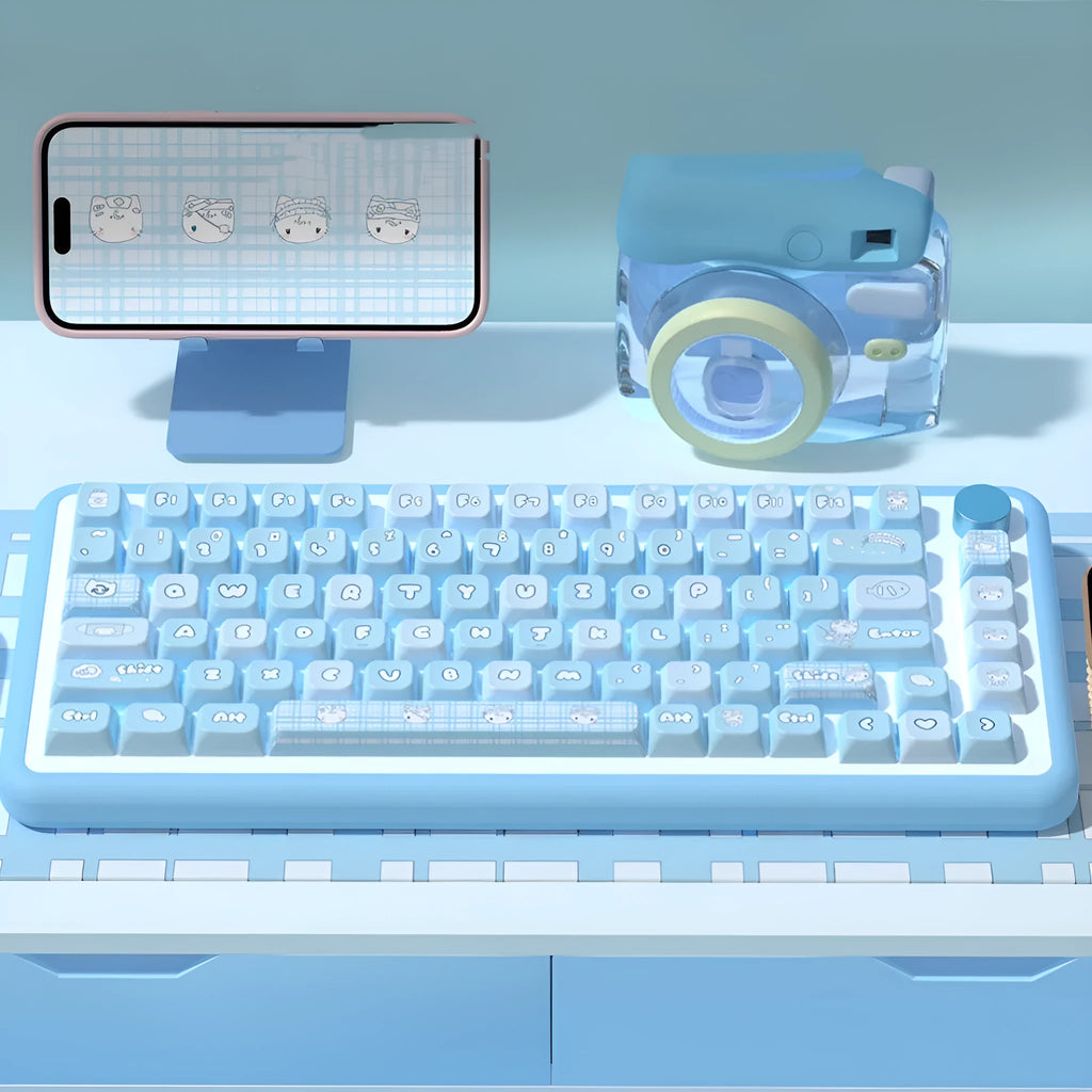 Custom watercolour kitten design PBT keycap set for mechanical keyboards, showing 138-key or 158-key full layout.