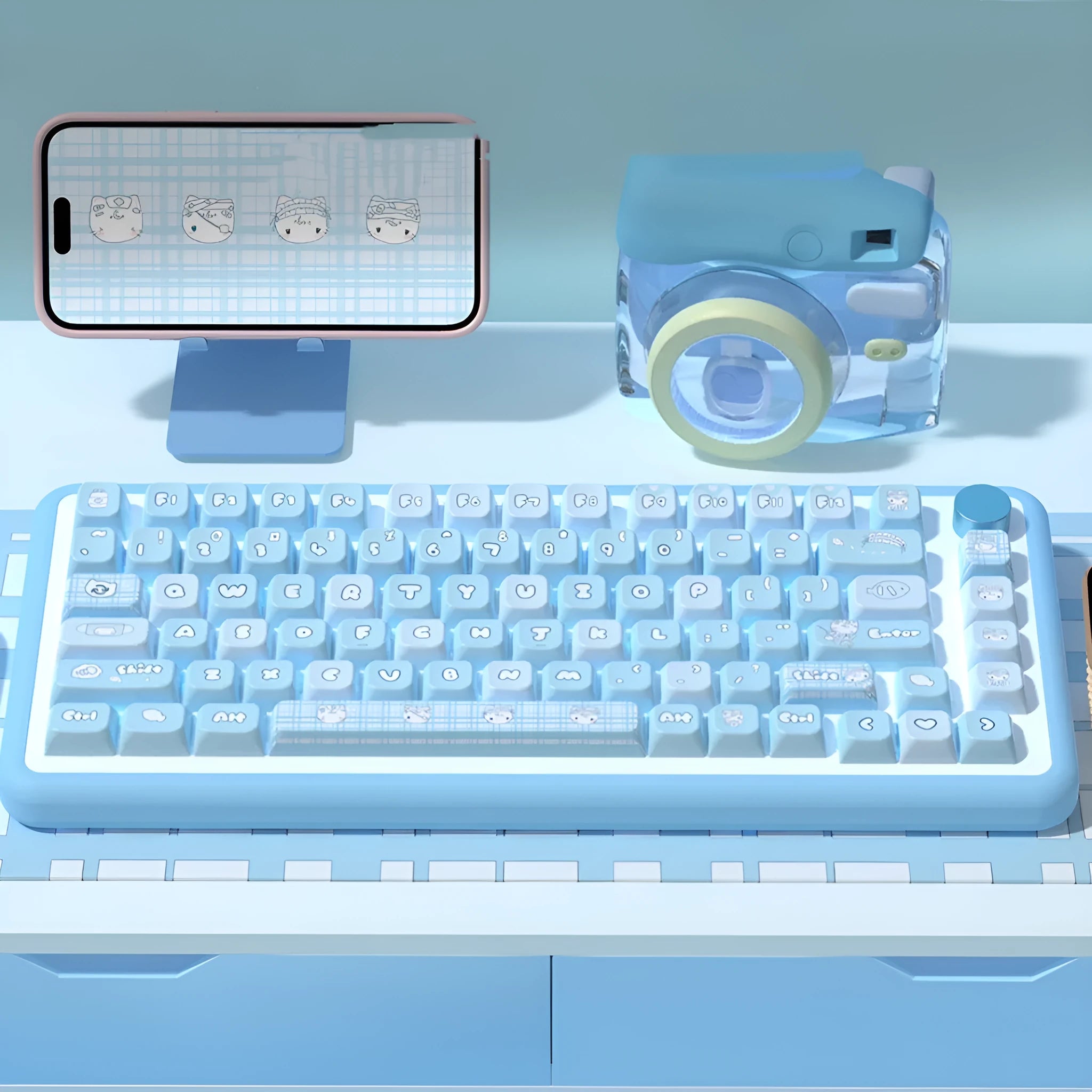 Custom watercolour kitten design PBT keycap set for mechanical keyboards, showing 138-key or 158-key full layout.