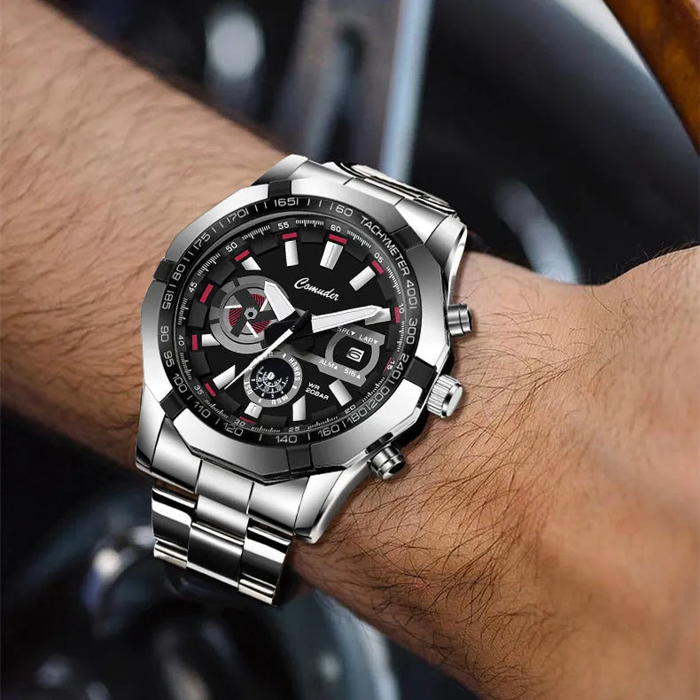 Men's waterproof luminous sports watch with large dial and 10mm case, shown in silver steel and black leather options.