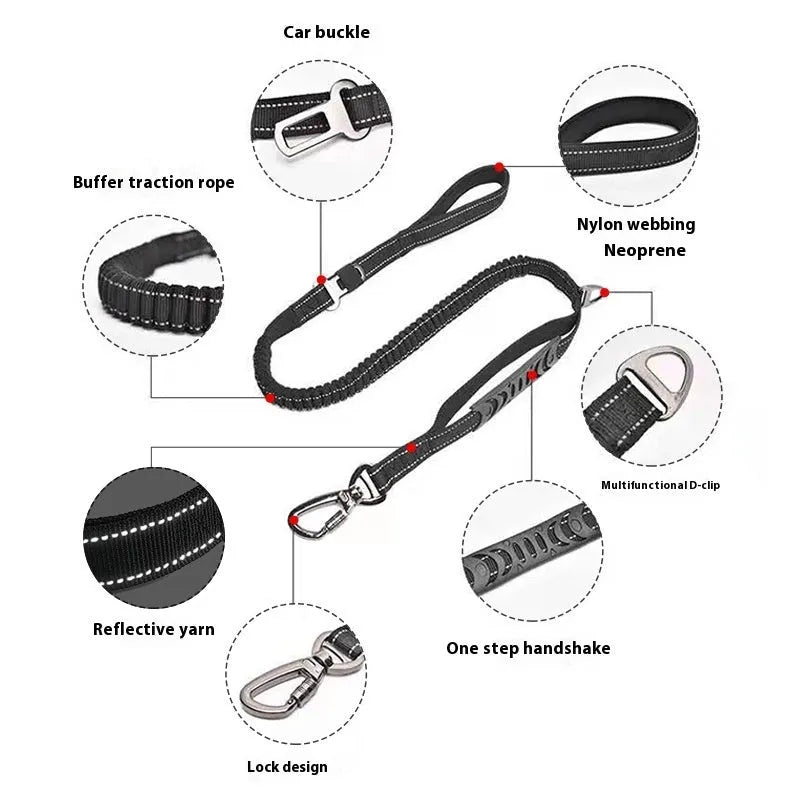 Retractable dog lead with reflective belt and rope buffer grip in black, orange, or khaki