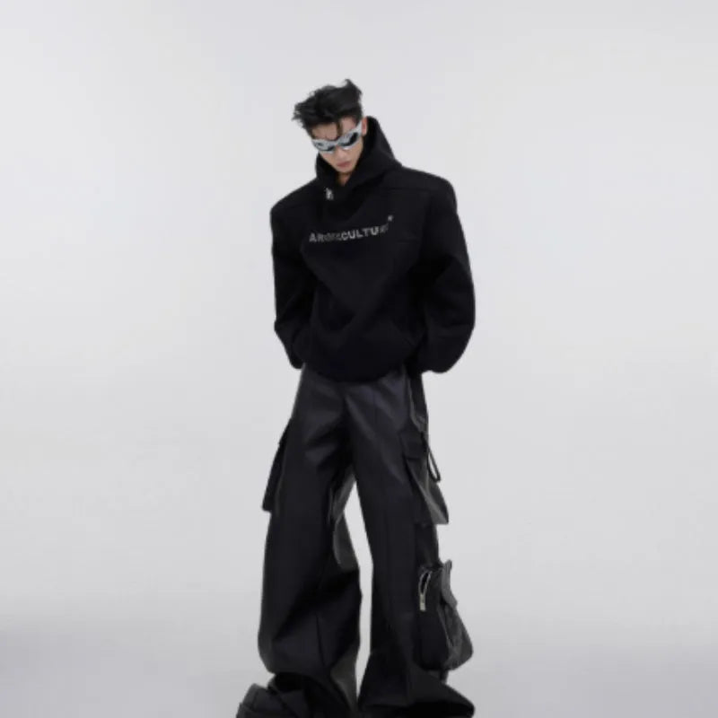 Men's red hooded sweater with metal three-dimensional printing and structured shoulder pads on loose fit