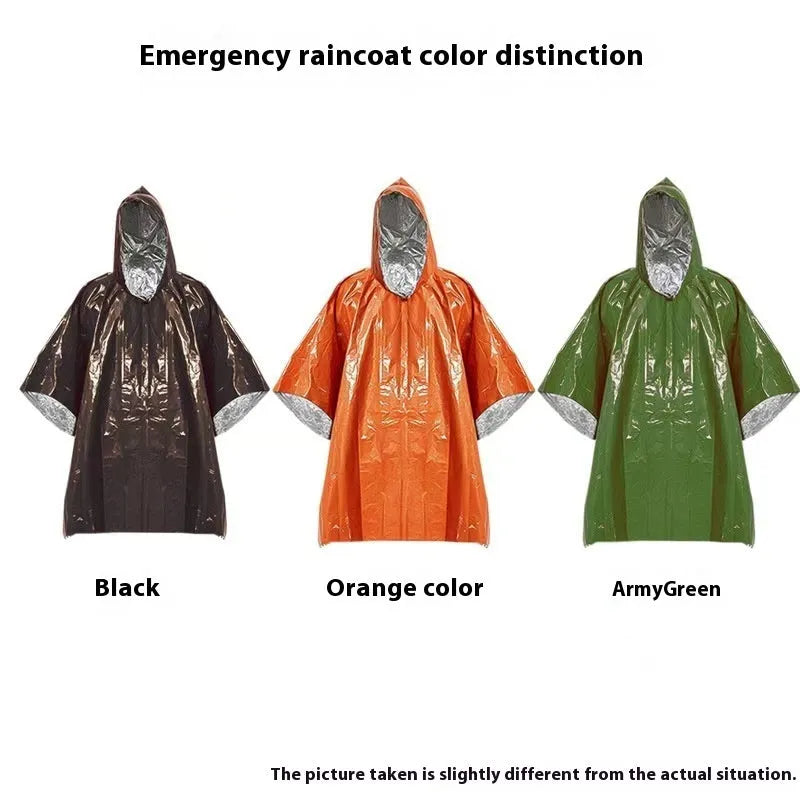 Orange and army green marathon cross-country raincoat laid flat, showing 100x130cm size.