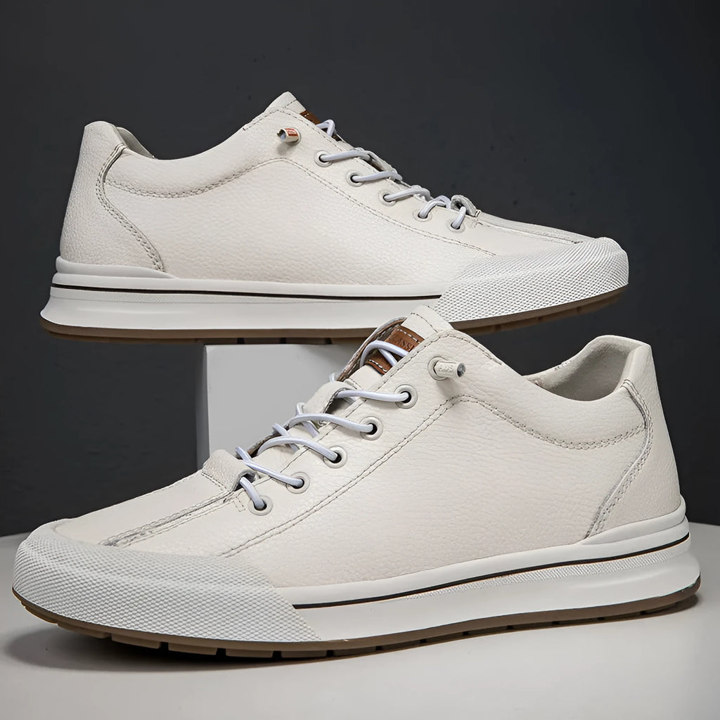 Men's white matte leather casual shoes with round toe and flat heel.