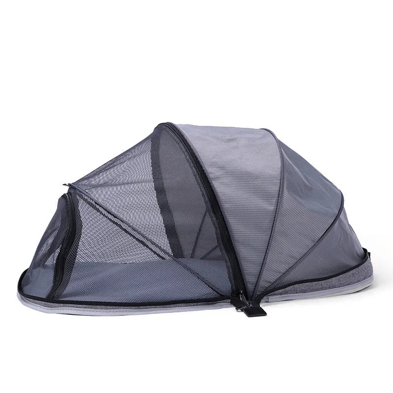 Portable folding cloth cat tent shown in blue half mesh variant, set up as a pet bed and travel cage.