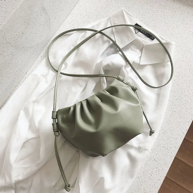 Soft PU Korean-style cloud crossbody bag with dumpling shape, pleated detail, phone pocket, and six colour options