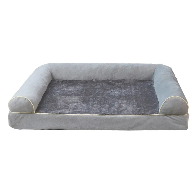 A square blue cloth dog bed with a sponge interior, shown next to size and colour options.