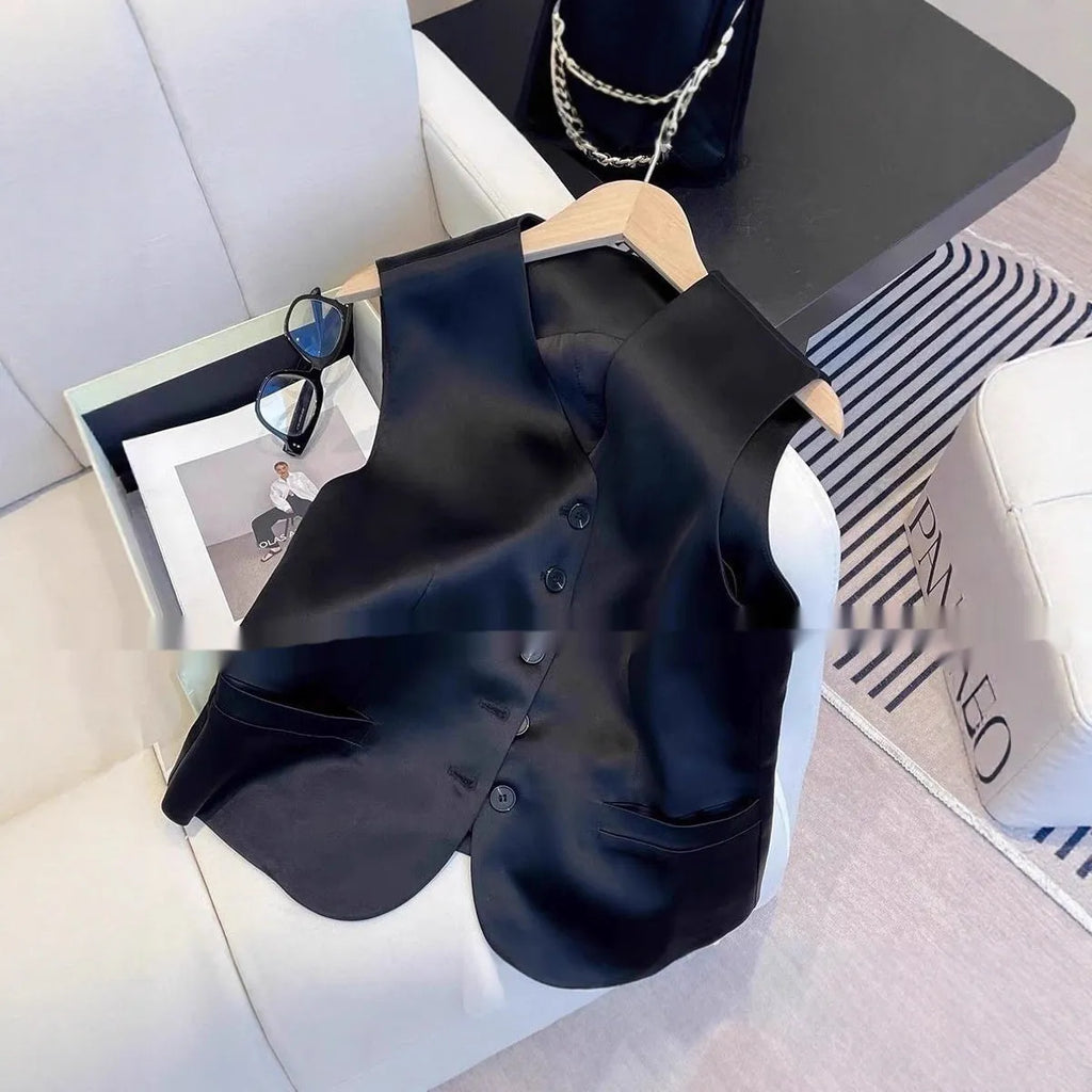 Black satin loose-fit sleeveless vest for women on a hanger
