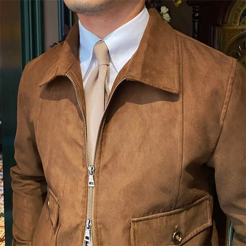 Men's suede bomber jacket, zip front, 100% polyester, dark brown dark green light khaki grey, sizes M-3XL