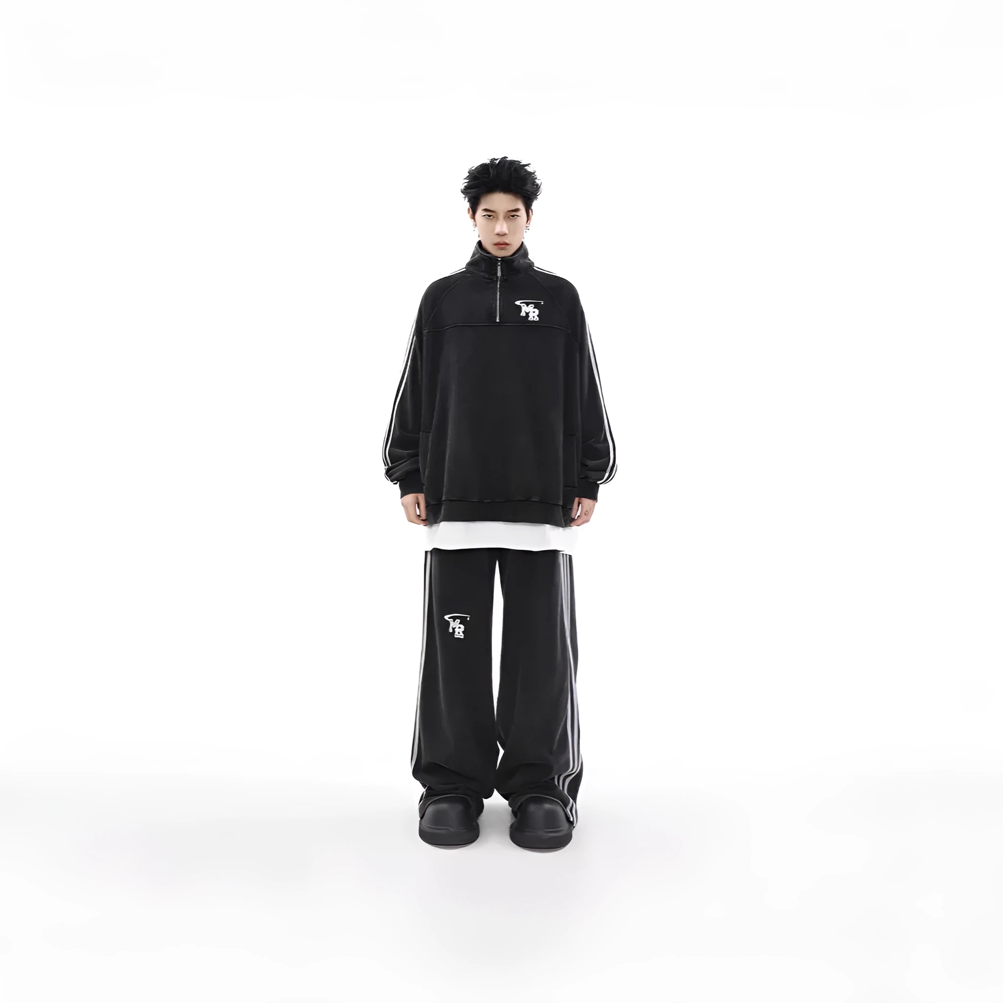 Black polyester sports hoodie with stand collar and long sleeves