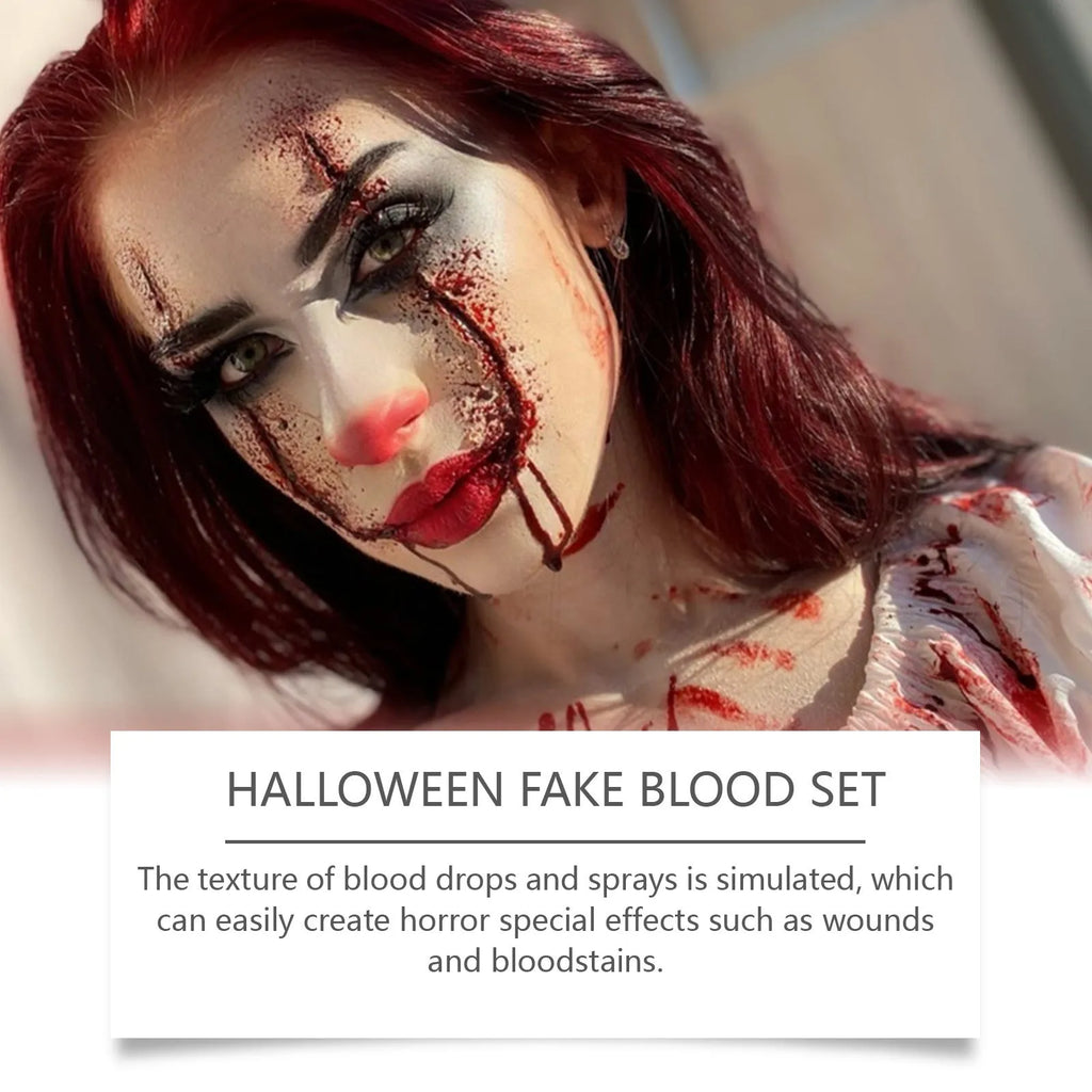 3-piece washable fake blood makeup set with plasma drops, spray, and surface soap for Halloween horror effects