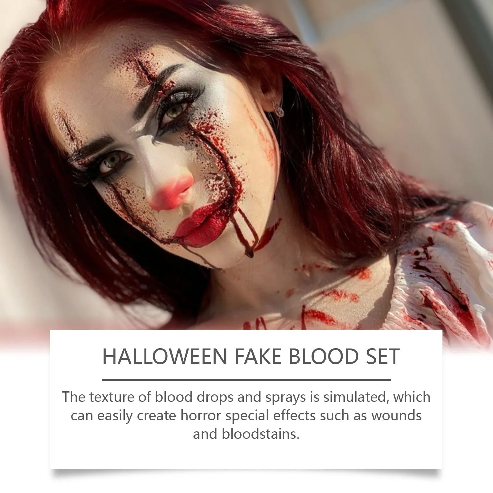3-piece washable fake blood makeup set with plasma drops, spray, and surface soap for Halloween horror effects