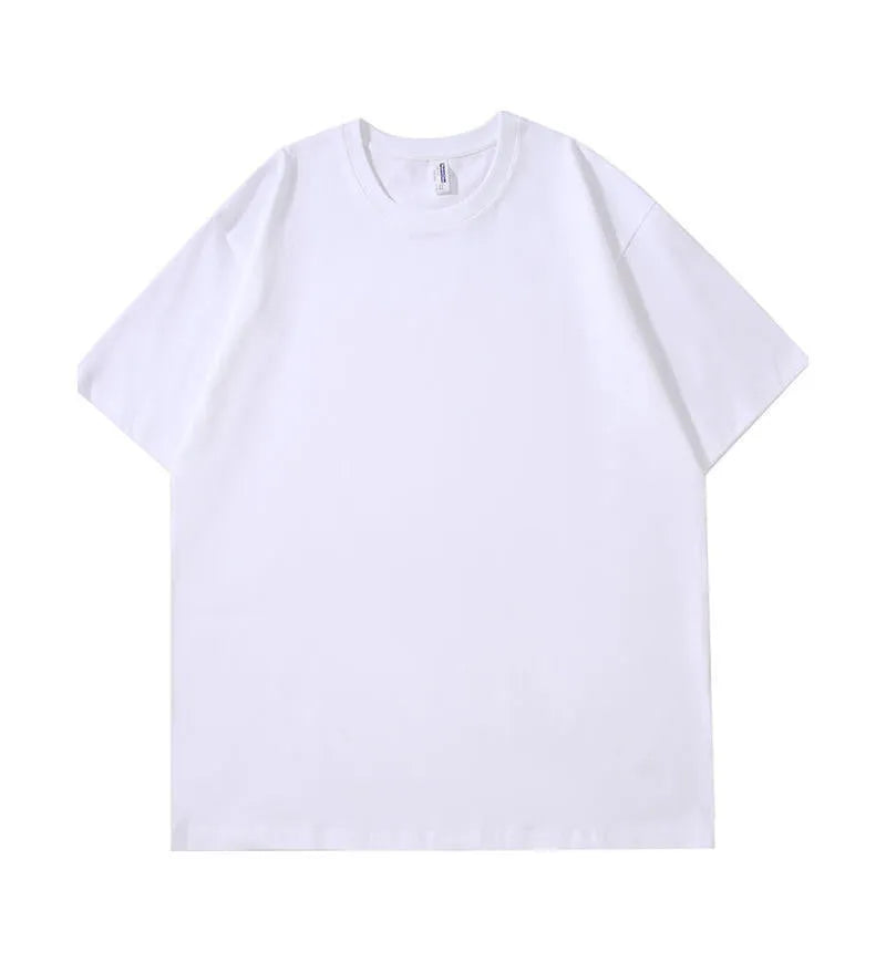 Men's heavyweight loose fit cotton t-shirt in solid colours showing short sleeves and pullover style.