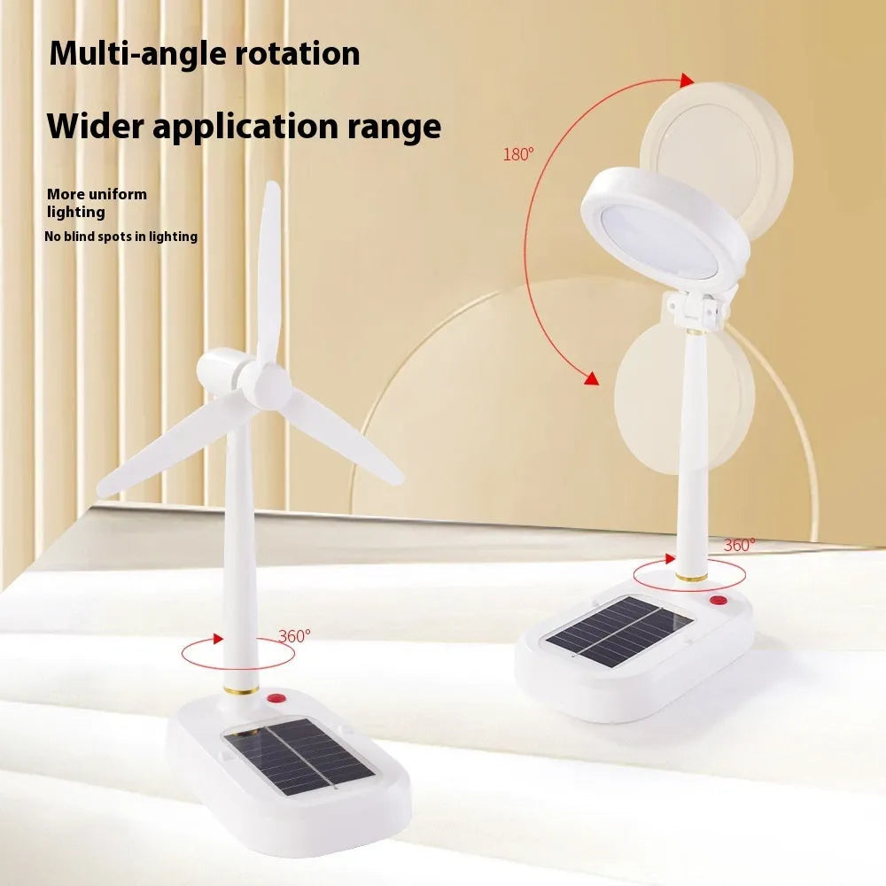 Ivory white solar charging table fan with integrated LED study lamp on a desk