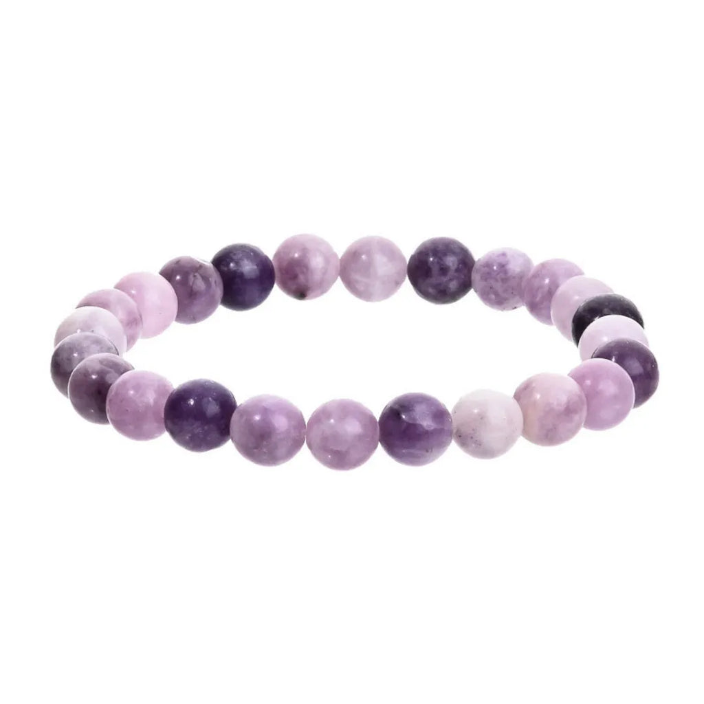 Purple geometric stone bead elastic bracelet for men and women on a wrist.