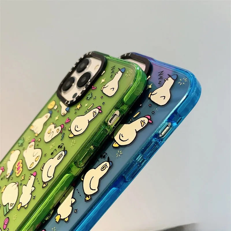 Little Duck creative phone case in green flash acrylic finish, drop-resistant PC hard case for Apple iPhone, cartoon duck design