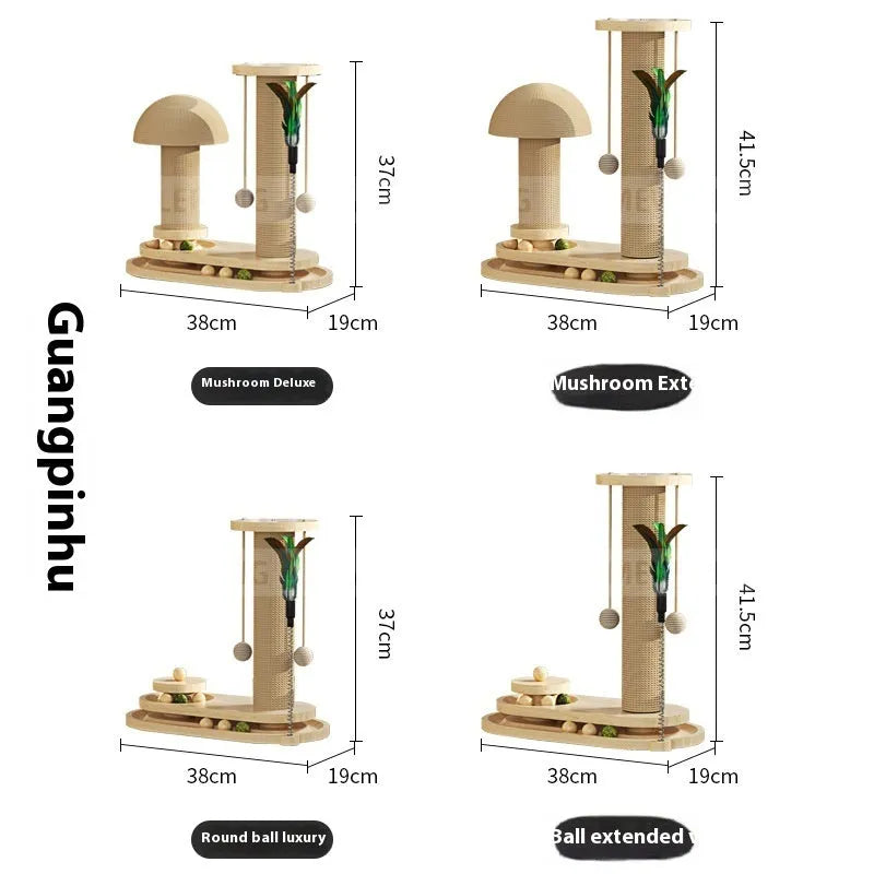 Solid wood cat scratching post with turntable climbing platform in various style configurations