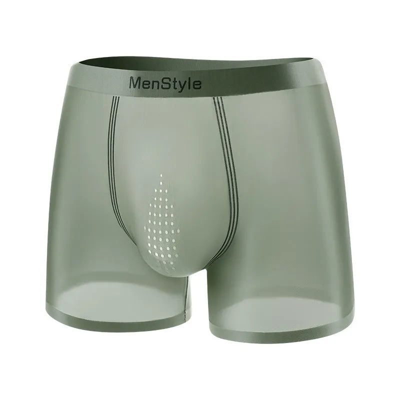 Men's seamless satin ice silk boxers in dark grey showing mid waist and reinforced crotch design.