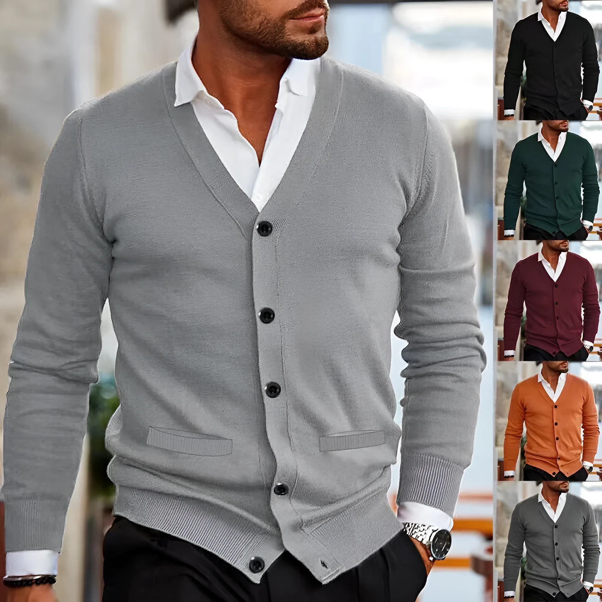 Men's slim fit acrylic cardigan sweater in a range of colours including beige, black, dark green, and wine red.