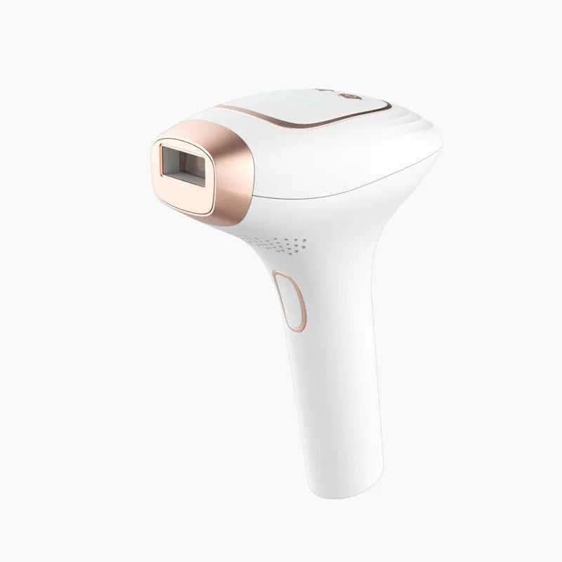 Pink and white three-in-one ice-sensing laser hair removal device with protective glasses and accessories